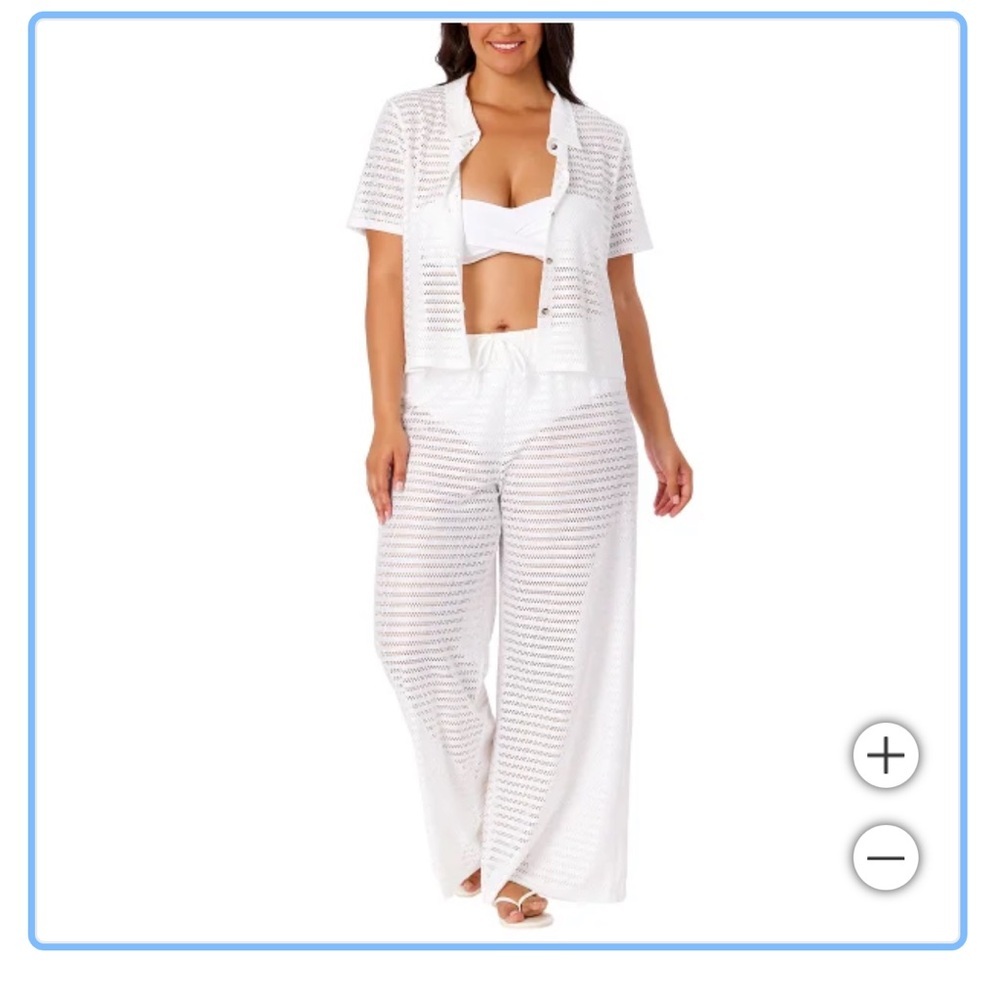 Hurley White Crochet Coverup Set - Short Sleeve Shirt & Wide Leg Pants